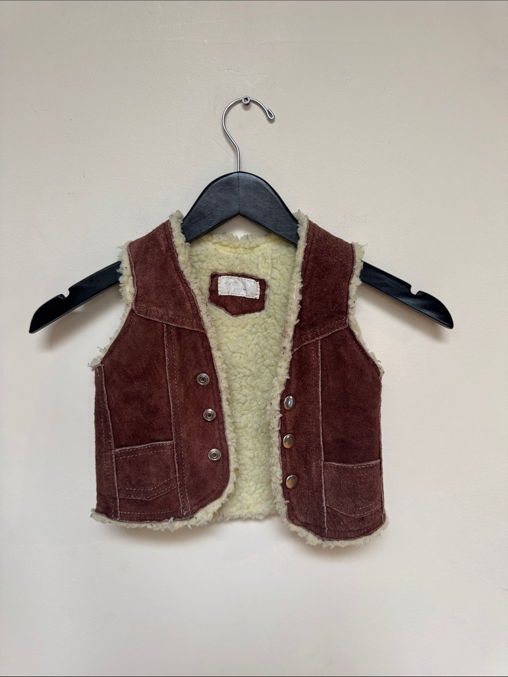 Vintage 1970s Suede Brown Kids Shearling-Trim Vest